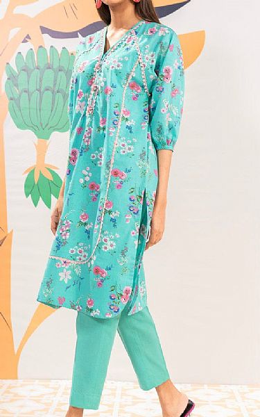 Alkaram Turquoise Cambric Kurti | Pakistani Lawn Dress in USA- Image 1