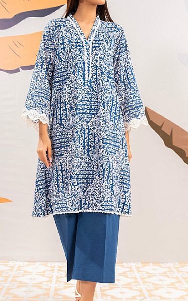 Alkaram White/Turquoise Cambric Kurti | Pakistani Lawn Dress in USA- Image 1