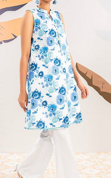 Alkaram White/Blue Cambric Kurti | Pakistani Lawn Dress in USA- Image 1
