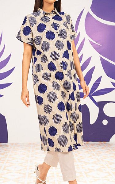 Alkaram Ivory/Blue Cambric Kurti | Pakistani Lawn Dress in USA- Image 1