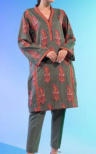 Alkaram Army Green Lawn Kurti | Pakistani Lawn Dress in USA- Image 1
