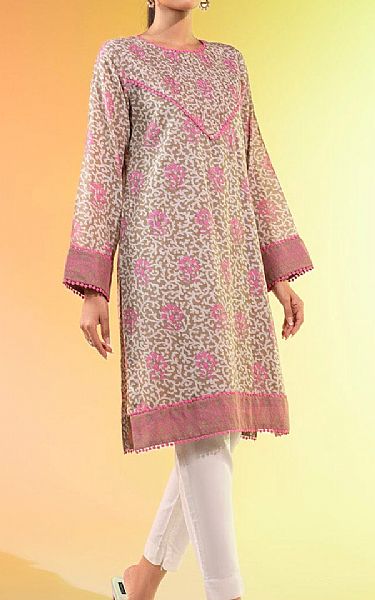 Alkaram Beige/Light Pink Lawn Kurti | Pakistani Lawn Dress in USA- Image 1