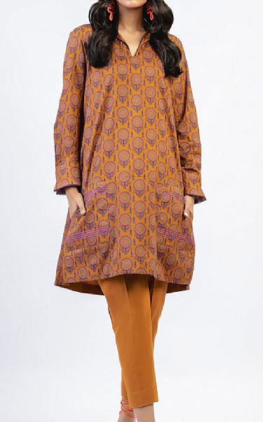 Alkaram Dull Orange Cambric Kurti | Pakistani Winter Dresses- Image 1