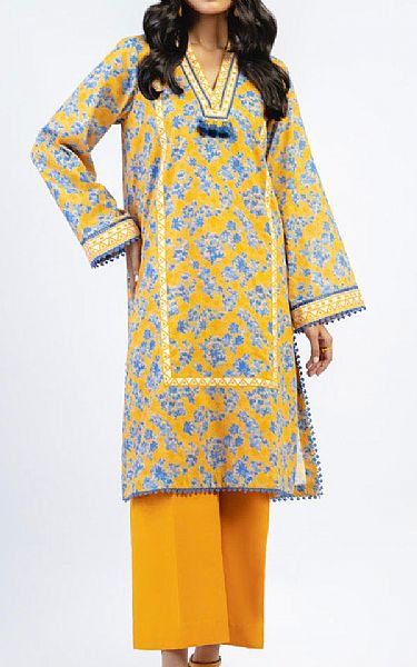 Alkaram Yellow Cambric Kurti | Pakistani Winter Dresses- Image 1