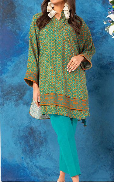 Alkaram Turquoise Khaddar Kurti | Pakistani Winter Dresses- Image 1