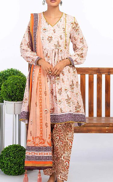 Alkaram Ivory/Peach Lawn Suit | Pakistani Lawn Suits- Image 1