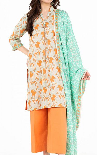 Alkaram Pale Orange/Off White Lawn Suit | Pakistani Lawn Dress in USA- Image 1