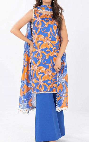 Alkaram Cornflower Blue/Orange Lawn Suit | Pakistani Lawn Dress in USA- Image 1