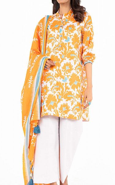 Alkaram Off White/Orange Lawn Suit | Pakistani Lawn Dress in USA- Image 1