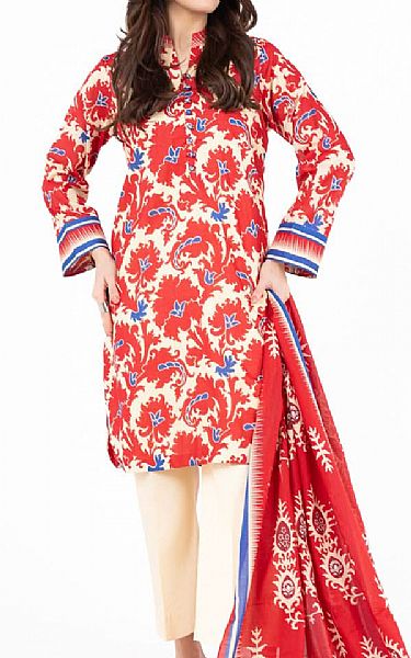Alkaram Off White/Red Lawn Suit | Pakistani Lawn Dress in USA- Image 1