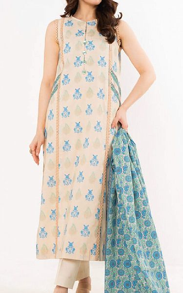 Alkaram Beige Lawn Suit (2 pcs) | Pakistani Lawn Dress in USA- Image 1