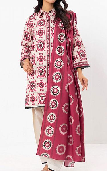 Alkaram Beige/Deep Rose Lawn Suit | Pakistani Lawn Dress in USA- Image 1