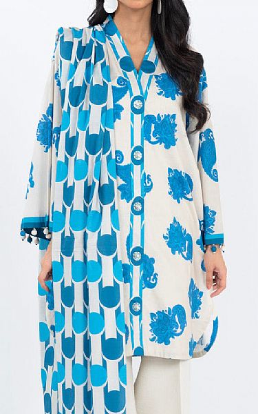 Alkaram Off White/Turquoise Lawn Suit | Pakistani Lawn Dress in USA- Image 2