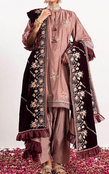 Alkaram Tea Pink Yarn Dyed Suit | Pakistani Winter Dresses- Image 1