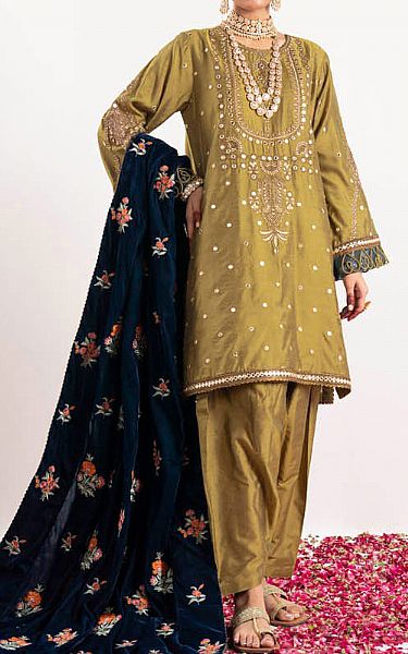 Alkaram Olive Yarn Dyed Suit | Pakistani Winter Dresses- Image 1