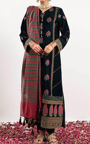 Alkaram Bottle Green Velvet Suit | Pakistani Winter Dresses in USA- Image 1