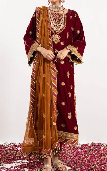 Alkaram Maroon Velvet Suit | Pakistani Winter Dresses- Image 1