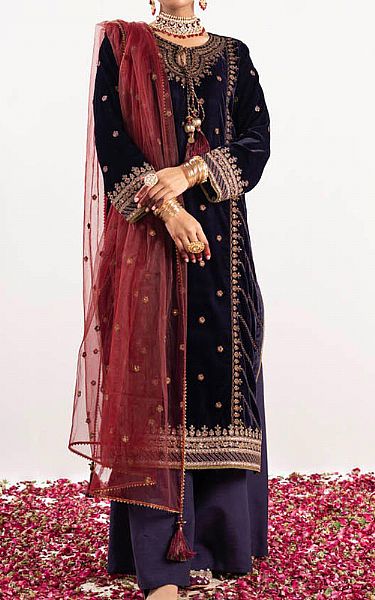 Alkaram Navy Blue Velvet Suit | Pakistani Winter Dresses- Image 1