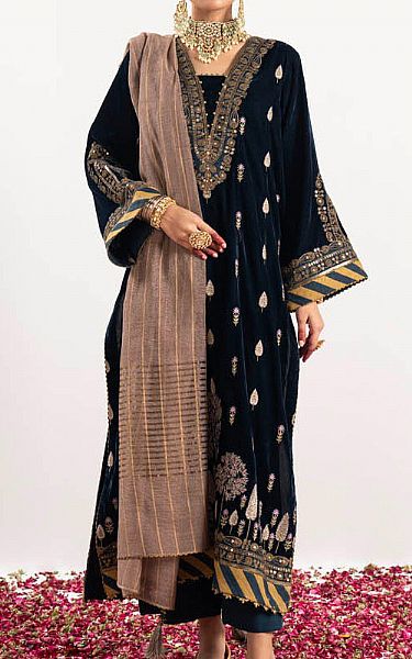 Alkaram Teal Velvet Suit | Pakistani Winter Dresses- Image 1