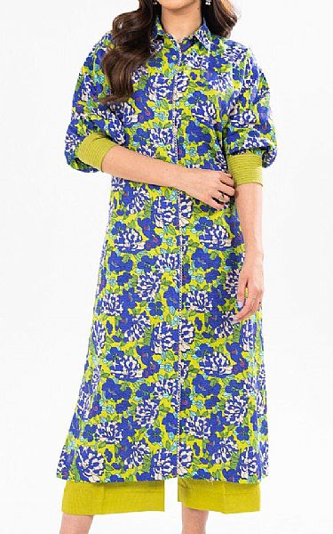 Alkaram Lime Yellow/Blue Khaddar Kurti | Pakistani Winter Dresses in USA- Image 1