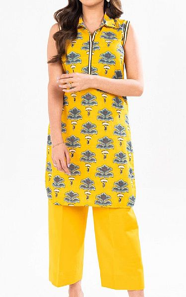 Alkaram Golden Yellow Khaddar Kurti | Pakistani Winter Dresses in USA- Image 1