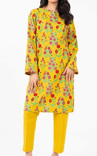 Alkaram Golden Yellow Khaddar Kurti | Pakistani Winter Dresses in USA- Image 1