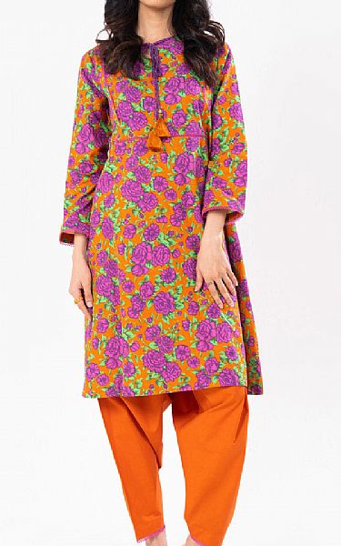Alkaram Pumpkin Orange Khaddar Kurti | Pakistani Winter Dresses in USA- Image 1