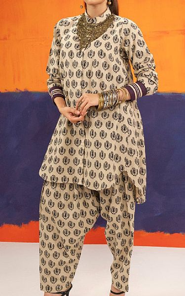 Alkaram Beige Khaddar Kurti | Pakistani Winter Dresses in USA- Image 1