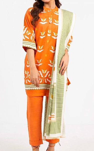 Alkaram Pumpkin Orange Karandi Suit | Pakistani Winter Dresses in USA- Image 1