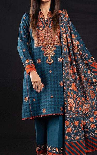 Alkaram Teal Blue Khaddar Suit | Pakistani Winter Dresses- Image 1