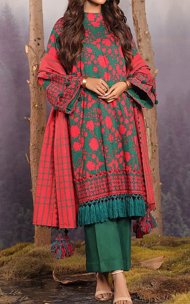 Alkaram Bottle Green Viscose Suit | Pakistani Winter Dresses- Image 1