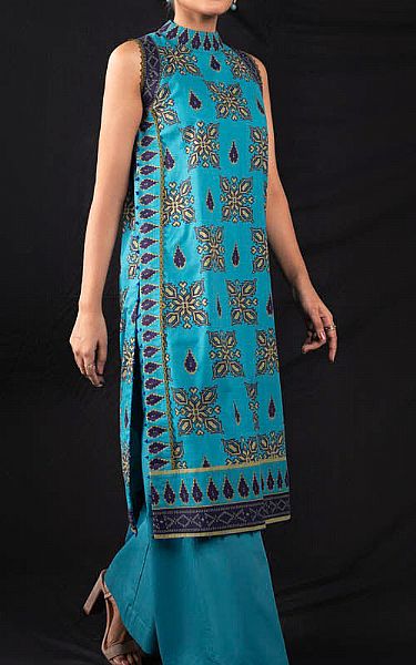 Alkaram Turquoise Cambric Suit (2 Pcs) | Pakistani Winter Dresses- Image 1