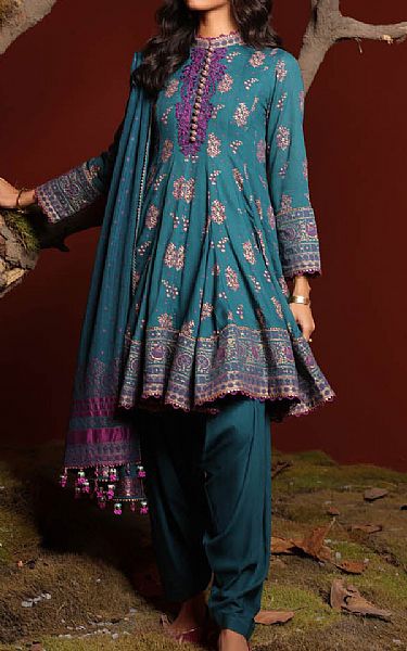 Alkaram Teal Blue Viscose Suit | Pakistani Winter Dresses- Image 1