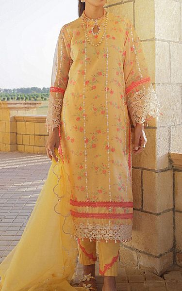 Alkaram Mustard Organza Suit | Pakistani Embroidered Chiffon Dresses- Image 1