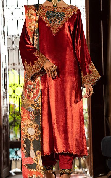 Almirah Red Velvet Suit | Pakistani Winter Dresses- Image 1