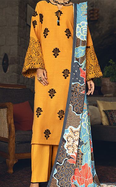 Almirah Mustard Yarn Dyed Suit | Pakistani Winter Dresses in USA- Image 1