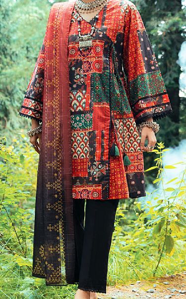Almirah Orange/Black Cambric Suit | Pakistani Winter Dresses- Image 1