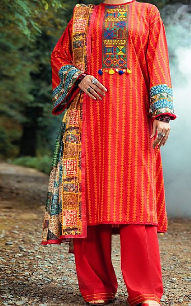 Almirah Red/Orange Cambric Suit | Pakistani Winter Dresses- Image 1