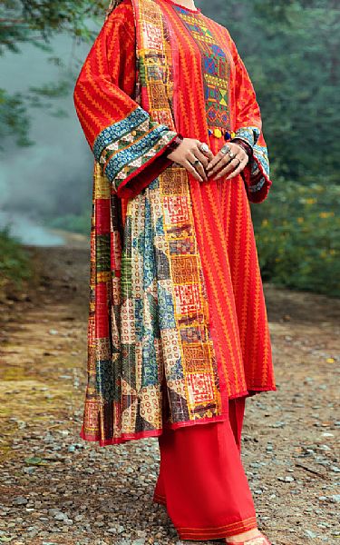 Almirah Red/Orange Cambric Suit | Pakistani Winter Dresses- Image 2