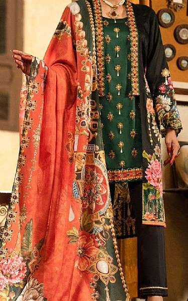 Almirah Green/Black Cotton Silk Suit | Pakistani Winter Dresses- Image 1
