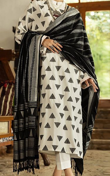 Almirah Off-white/Black Twill Viscose Suit | Pakistani Winter Dresses- Image 1
