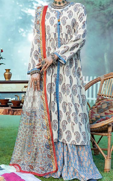 Almirah Ivory/Blue Cambric Suit | Pakistani Winter Dresses- Image 1