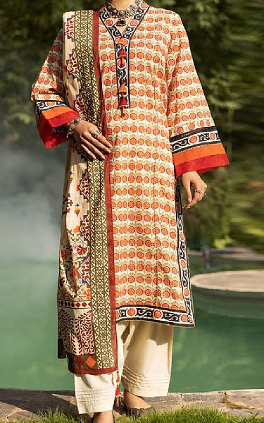 Almirah Ivory/Orange Cambric Suit (2 Pcs) | Pakistani Winter Dresses- Image 1