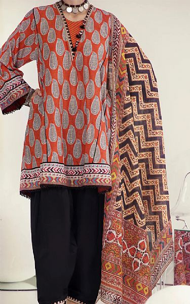 Almirah Bright Orange/Light Grey Lawn Suit | Pakistani Dresses in USA- Image 1