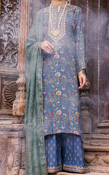 Almirah Denim Blue Maple Silk Suit | Pakistani Winter Dresses in USA- Image 1