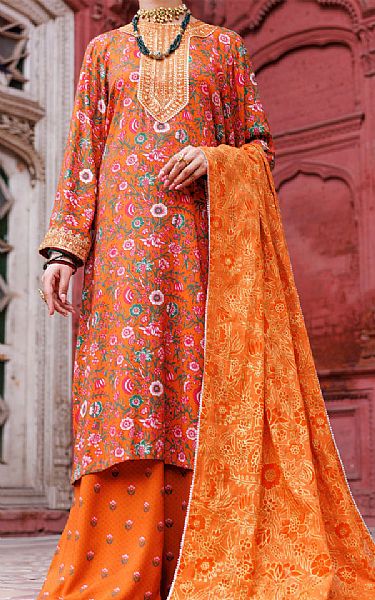 Almirah Orange Maple Silk Suit | Pakistani Winter Dresses in USA- Image 1
