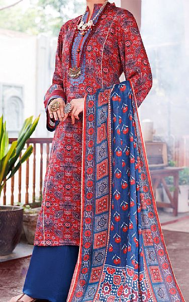 Almirah Maroon/Blue Cambric Suit | Pakistani Winter Dresses in USA- Image 1