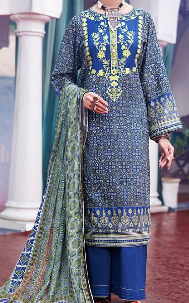 Almirah Blue/Green Cambric Suit | Pakistani Winter Dresses in USA- Image 1