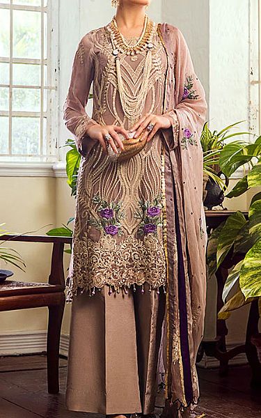 Al Zohaib Beige Chiffon Suit | Pakistani Dresses in USA- Image 1