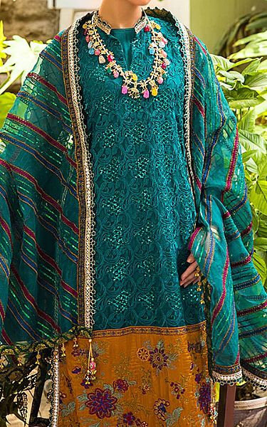 Al Zohaib Teal Organza Suit | Pakistani Dresses in USA- Image 2